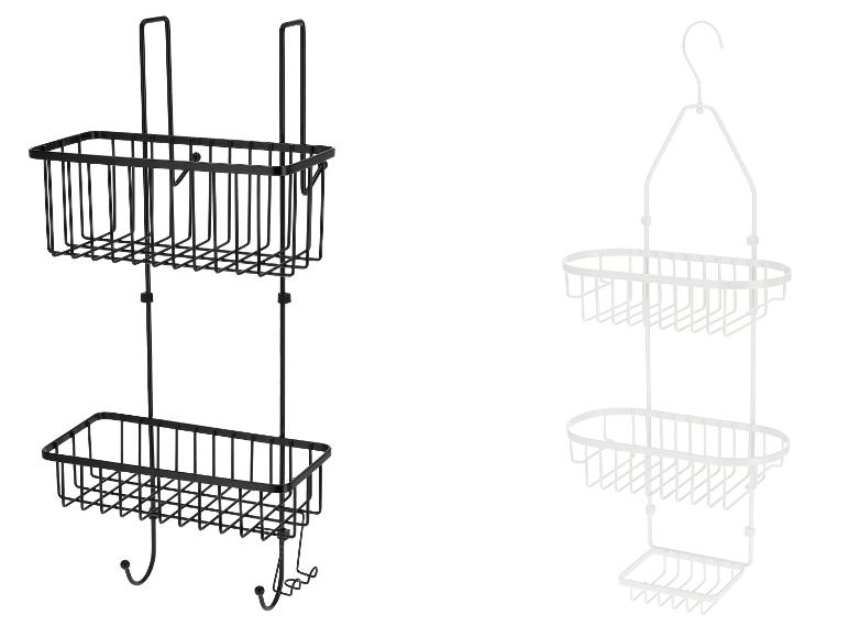 Twee metalen, tweelaagse douchehangers in zwart en wit.