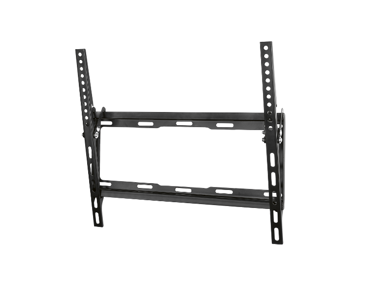 Zwarte metalen tv-beugelconstructie voor wandmontage.