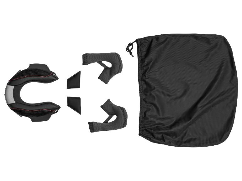 Zwarte helmvulling en een zwarte helmtas op een witte achtergrond.