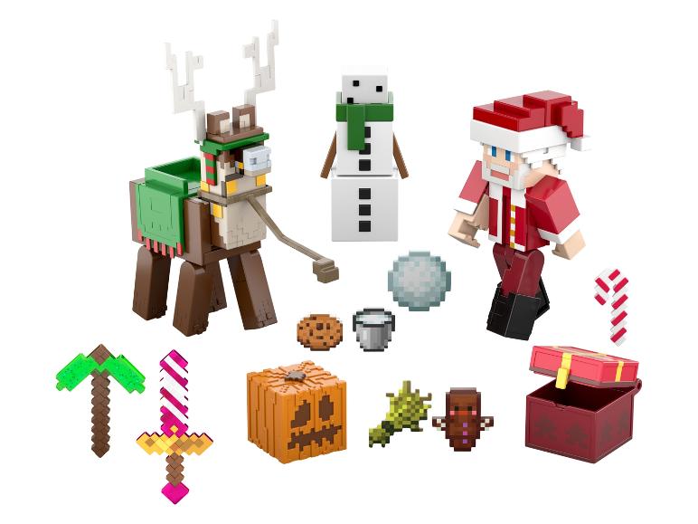 Minecraft kerstspeelgoedset met rendier, sneeuwpop en kerstman.