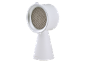 Witte tafelventilator met ronde kop en conische voet.