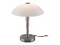 Tafellamp met een witte koepelvormige kap en een geborsteld metalen voet