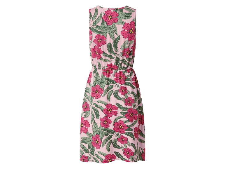 Roze mouwloze midi-jurk met een levendige hibiscus- en palmbladprint.
