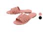Roze dames platte sandalen met gevlochten bandjes, met roze en zwarte kleuropties.