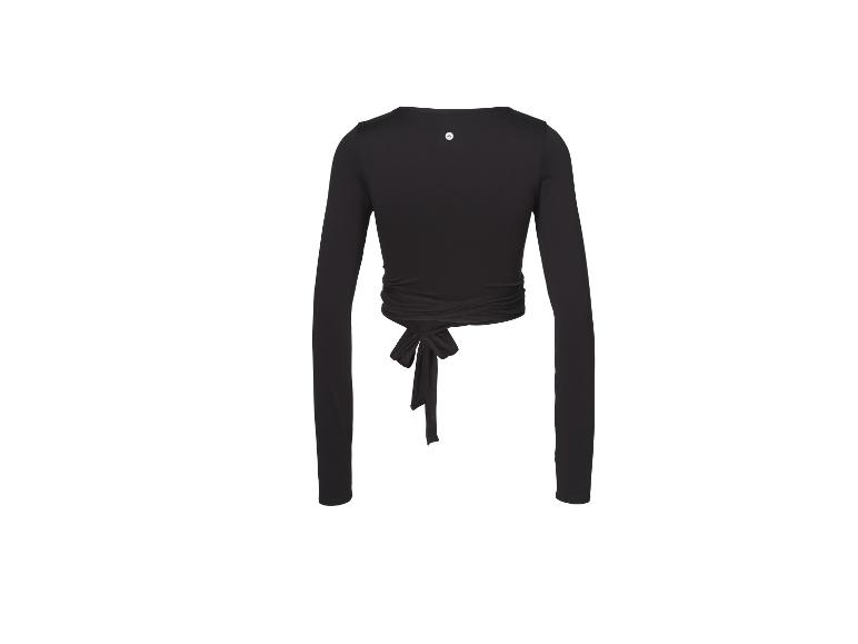 Zwarte top met lange mouwen en strikceintuur, achterkant.