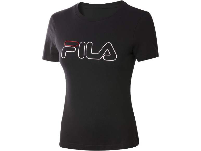 Zwart T-shirt met korte mouwen en wit logo met rood detail.