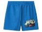 Blauwe jongensshort met elastische taille en raceautogafiek met de tekst 'SPEED'.