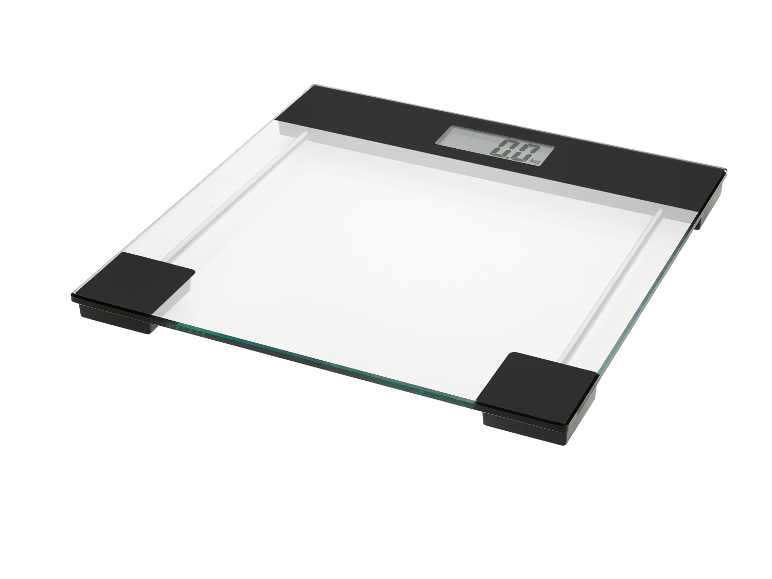 Een glazen badkamerweegschaal met zwarte accenten.