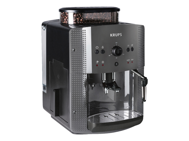 Krups koffiemachine van roestvrij staal met bonenreservoir.