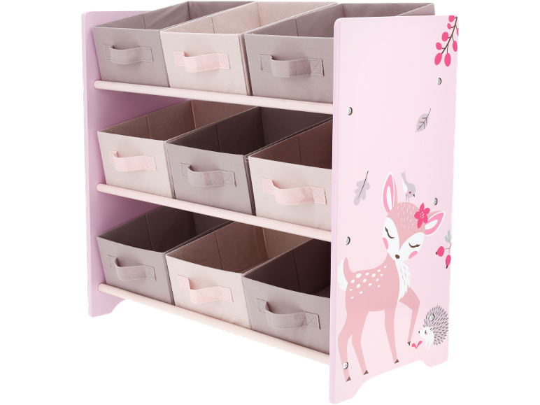 Roze kinderrek met 9 stoffen opbergbakken, versierd met hert en egel.