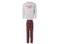 Grijze en rood geruite pyjama met de tekst 'LETS STAY IN BED (FOREVER)'.