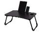 Zwarte opvouwbare bedtafel met tablet- en telefoonhouder, en bekerhouder.