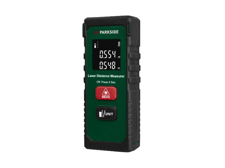 Laserafstandsmeter met digitaal display dat 0.554 m en 0.548 m toont.