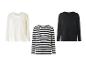Drie shirts met lange mouwen: wit, zwart en gestreept.