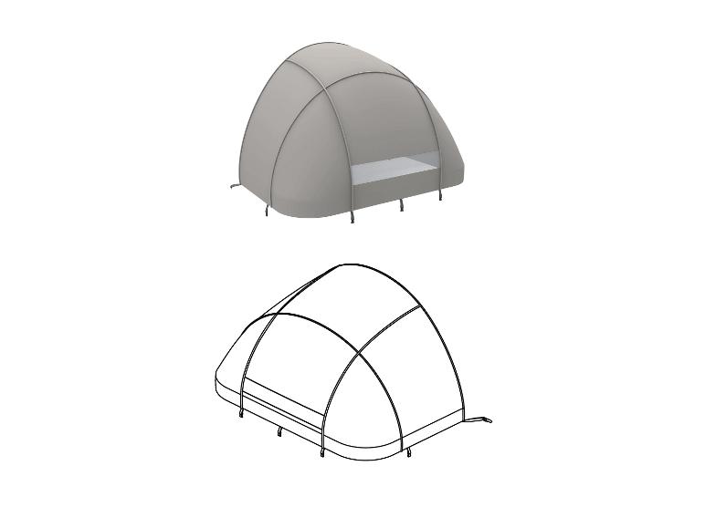 Grijze kampeertent met gaasraam en de omtrek ervan.