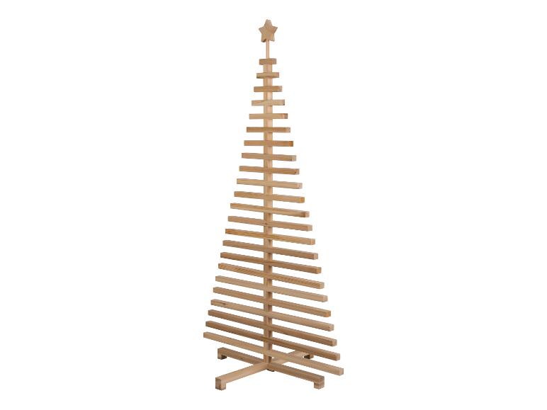 Een minimalistische houten kerstboom met een ster bovenaan, op een witte achtergrond.