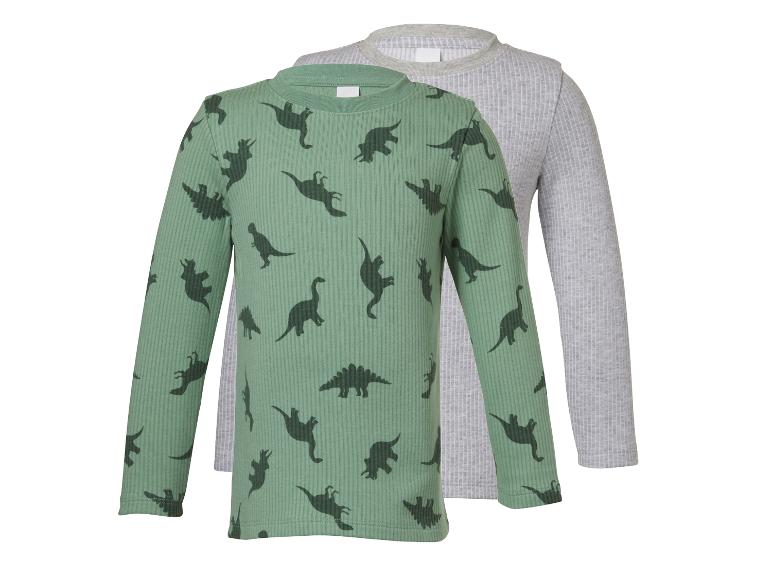 Twee kinderlongsleeves: een groene met dinoprint en een effen grijze.