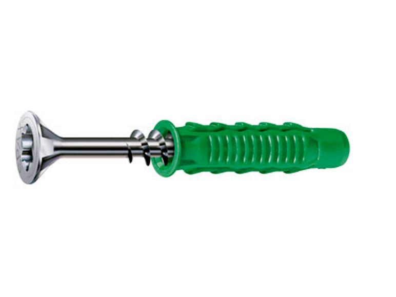 Schroefplug met metalen schroef en groene kunststof anker.