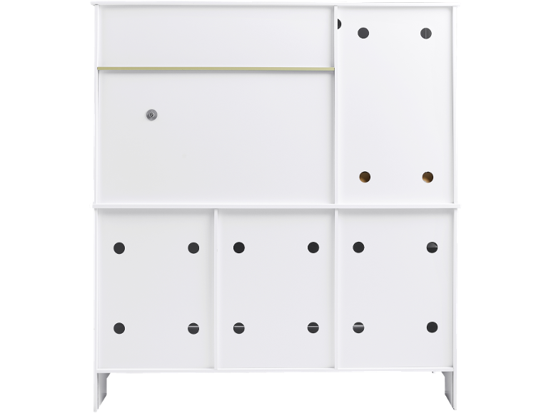 Witte achterwand voor kast met kabelgaten.