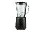 Zwarte blender met glazen kan gevuld met ijsblokjes, met een draaiknop voor snelheidsinstellingen.
