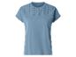 Blauw T-shirt met korte mouwen voor dames met geborduurde opengewerkte details op de schouders.
