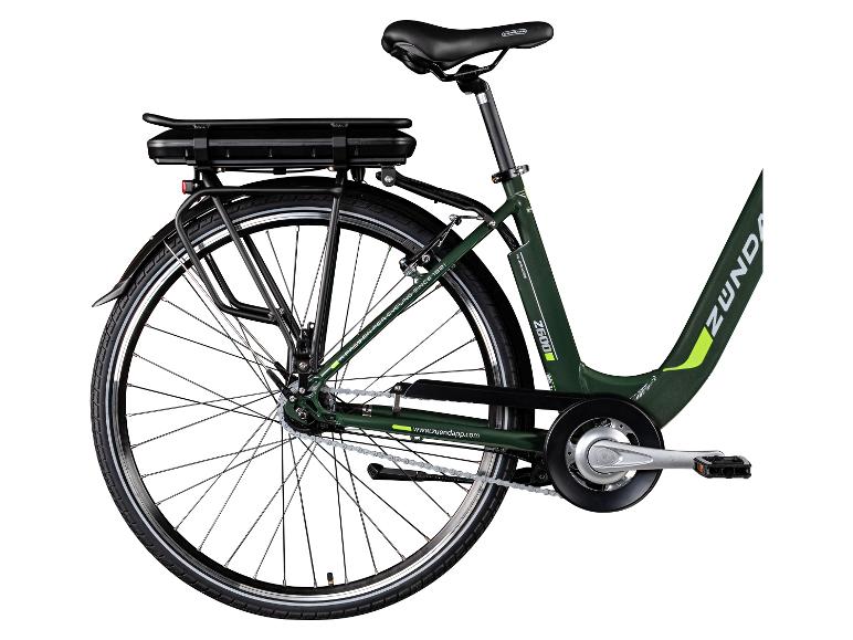 Groene Zündapp Z600 elektrische fiets met 36V-10Ah motor en bagagedrager.