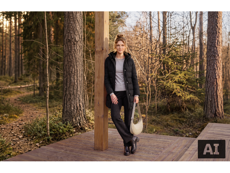 Vrouw in zwarte pufferjas en broek, met handtas, staand op een houten vlonder in een bos.