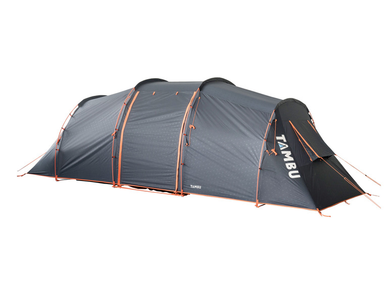 Een grijs Tambu-tent met oranje details.