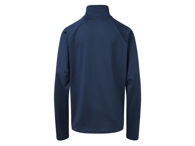 Een donkerblauwe fleece trui met lange mouwen.