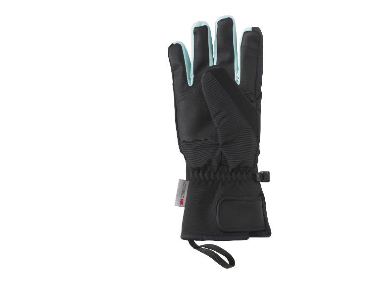 Zwarte handschoen met lichtblauwe details en een 3M Thinsulate label.