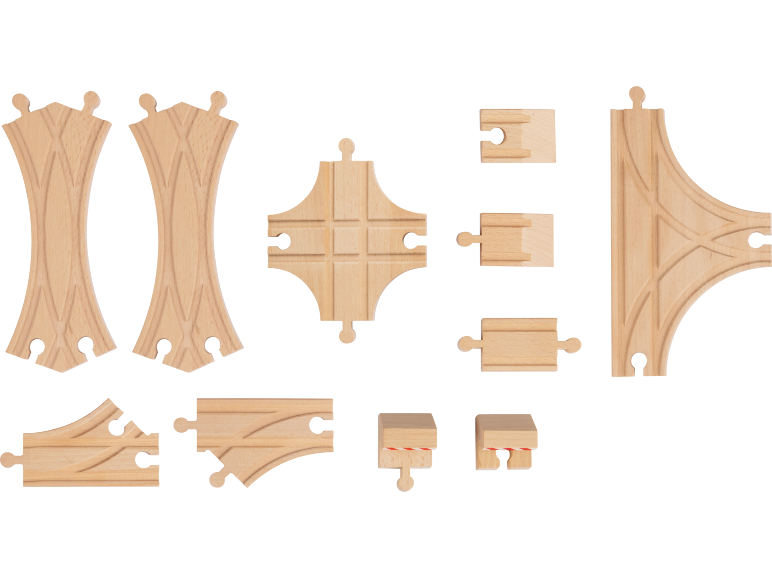 Houten speelgoedtreinrails set, met bochten, kruisingen en verbindingsstukken.