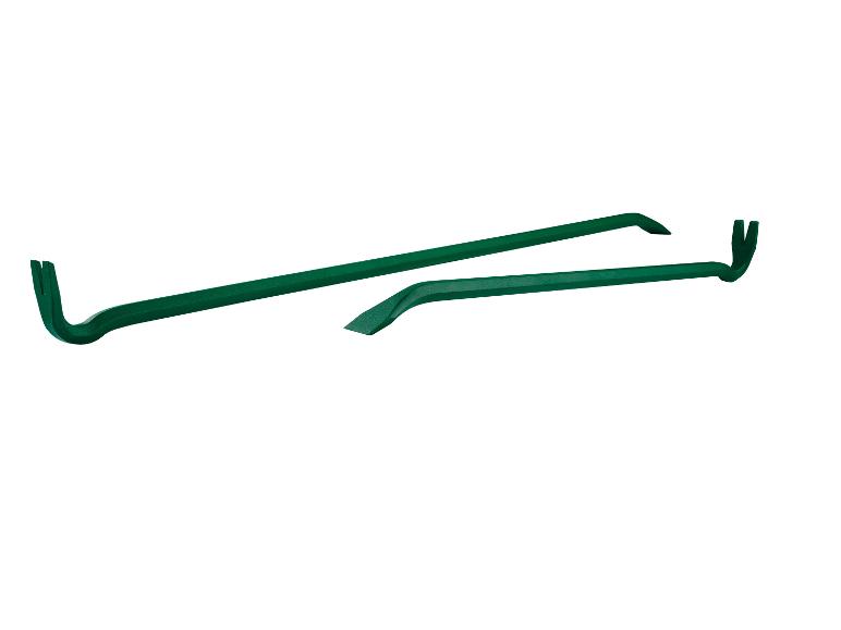 Twee groene koevoeten, één lang en één korter, voor sloop- en wrikwerkzaamheden.