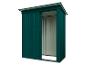 Groene metalen tuinschuur met schuifdeur.