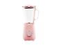 Roze blender met glazen kan en maatverdeling op een witte achtergrond.