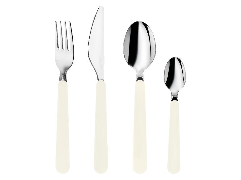 Vierdelige bestekset met witte handvatten: vork, mes, eetlepel en theelepel.