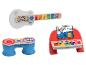 Baby Einstein muziekinstrumenten: gitaar, drumstel en piano met dierenontwerpen.