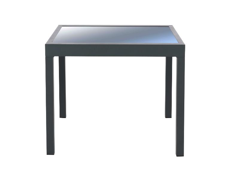 Donkergrijze vierkante buitentafel met glazen blad