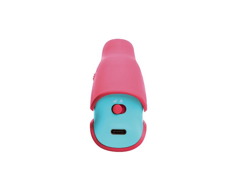Roze en turquoise apparaat met knop en USB-C poort.