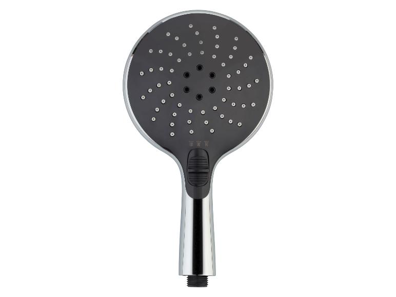 Douchekop met zwarte sproeikop en verchroomde handgreep.