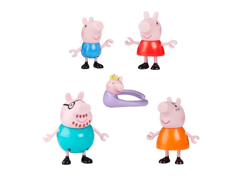 Vijf Peppa Pig figuren, waaronder Peppa, George, Mama Big en Papa Big.