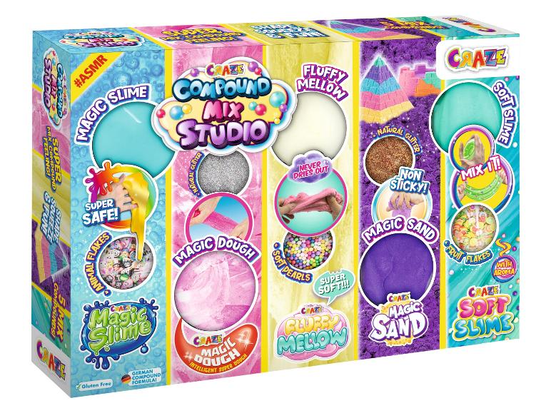 Een doos met Craze Compound Mix Studio, met magische slijm, deeg, zand en pluche slijm.