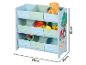 Blauwe kinderopbergrek met stoffen bakken en speelgoed, 65x30x62cm.