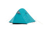 Een blauwe kampeer tent met gele touwen.
