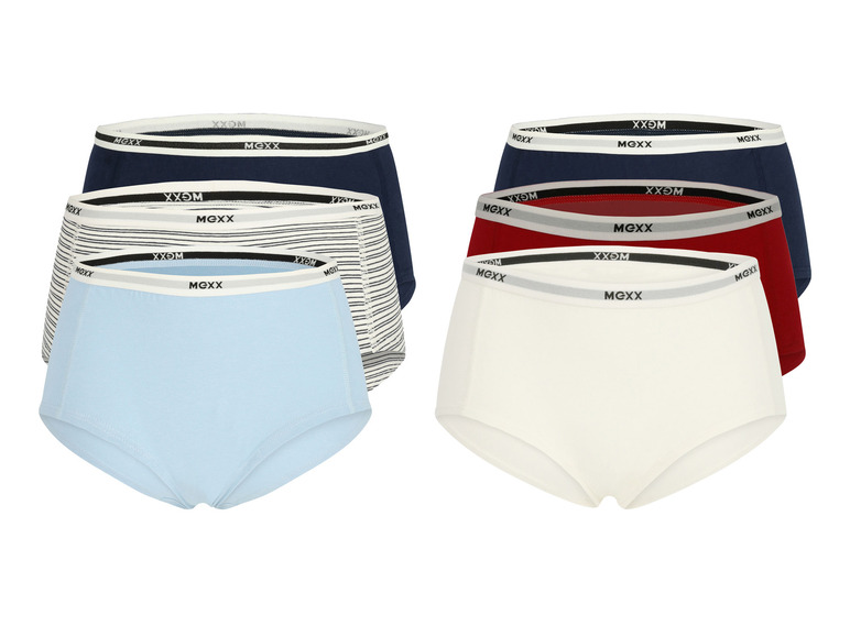 Zes damesonderbroeken van het merk Mexx in verschillende kleuren en patronen.
