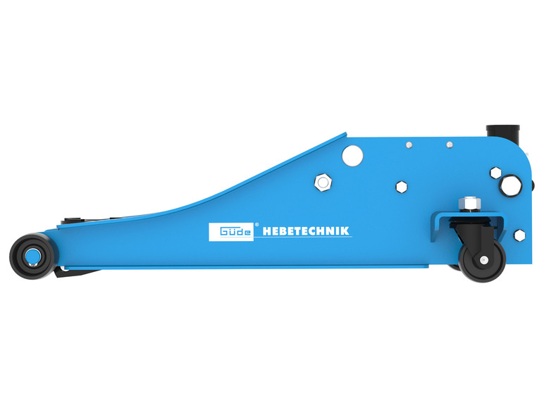 Een blauwe autokrik van Güde met wielen.