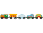 Kleurrijke houten speelgoedtrein met locomotief, wagon, wolk, gestreepte wagon en regenboog.