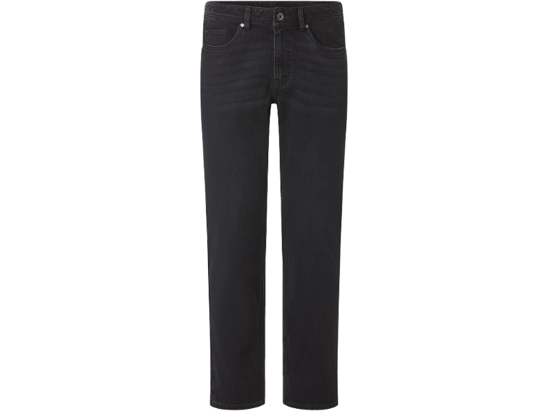 Donkergrijze herenjeans met vijf zakken.