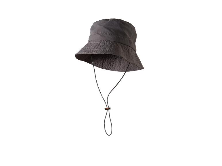 Donkergrijze bucket hat met verstelbare kinband.