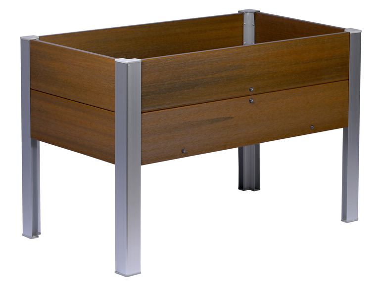 Een houten plantenbak met metalen poten.