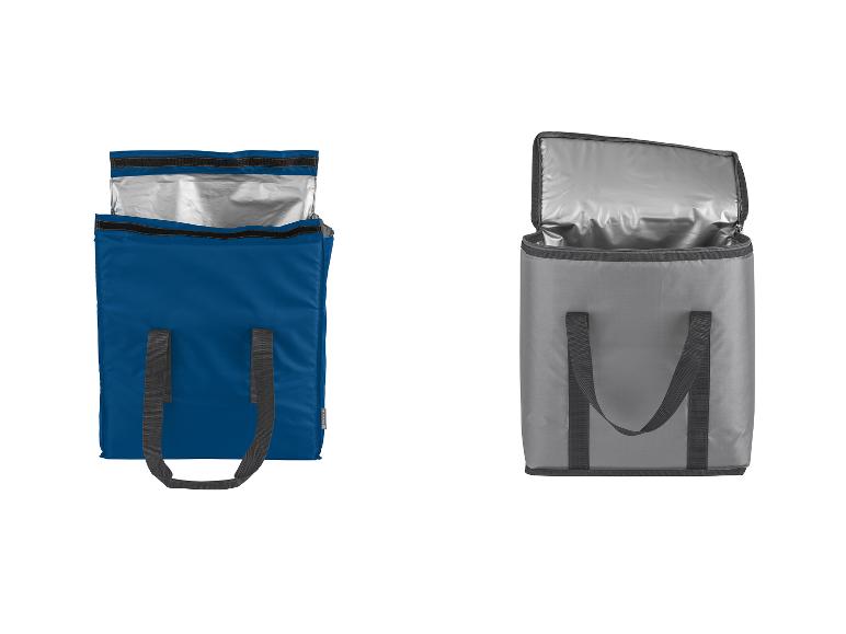 Blauwe en grijze isothermtassen met handvatten.